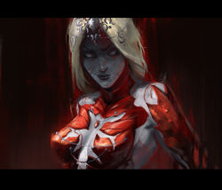 Rule 34 | &gt;:), 1girl, absurdres, artist name, baldur&#039;s gate, baldur&#039;s gate 3, black lips, blonde hair, blood, blood on face, bodysuit, breasts, circlet, cleavage cutout, clothing cutout, collared bodysuit, colored skin, commentary, detached sleeves, dungeons &amp; dragons, grey skin, headpiece, highres, letterboxed, long hair, looking at viewer, medium breasts, orin the red, red background, red bodysuit, simple background, skizoh, smile, solo, upper body, v-shaped eyebrows, white eyes