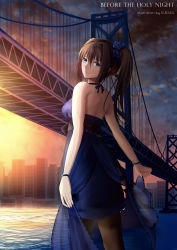 Rule 34 | 1girl, absurdres, aozaki aoko, artist name, bad id, bad pixiv id, bare back, bare shoulders, blue dress, blue eyes, blush, bracelet, bridge, brown hair, building, city, cityscape, closed mouth, cloud, cloudy sky, dress, english text, hair intakes, highres, jewelry, kuraka, looking at viewer, looking back, mahou tsukai no yoru, pantyhose, river, short hair, sky, smile, solo, sunset, type-moon, water