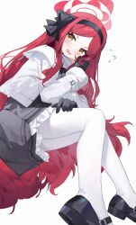 Rule 34 | 1girl, absurdres, black footwear, black gloves, blue archive, blush, bow, forehead, fur-trimmed jacket, fur trim, gloves, hair bow, hairband, halo, highres, jacket, long hair, long sleeves, looking at viewer, measho, open mouth, pantyhose, red hair, red halo, shoes, simple background, skirt, solo, takane (blue archive), very long hair, white background, white jacket, white pantyhose, yellow eyes