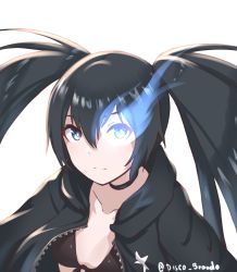 Rule 34 | 1girl, artist name, bikini, bikini top only, black bikini, black hair, black rock shooter, black rock shooter (character), blue eyes, blue fire, collarbone, commentary, disco brando, fire, flaming eye, glowing, glowing eye, hair between eyes, highres, long hair, looking at viewer, open clothes, serious, simple background, solo, swimsuit, twintails, twitter username, upper body, white background