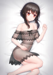 Rule 34 | 1girl, absurdres, alternate costume, anarchojs, ass, bare shoulders, bed sheet, bow, bowtie, breasts, brown hair, choker, clenched hand, clothing request, collarbone, feet out of frame, from side, hand up, highres, kono subarashii sekai ni shukufuku wo!, looking at viewer, lying, medium hair, megumin, on side, red eyes, see-through, sidelocks, small breasts, smile, solo