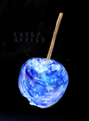 Rule 34 | black background, blue theme, candy apple, cocon (cocon q), english text, food, food focus, highres, light particles, no humans, original, simple background, still life