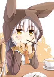 Rule 34 | 1girl, cup, food, head rest, headrest, long hair, looking at viewer, mouth hold, original, pocky, solo, teacup, white hair, yellow eyes, yuuhagi (amaretto-no-natsu)