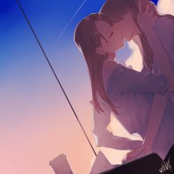 Rule 34 | 2girls, a979717082, character request, cloud, coffee cup, cup, disposable cup, ear piercing, closed eyes, highres, kiss, multiple girls, piercing, real life, shooting star, signature, sky, star (sky), tagme, wjsn, wu xuanyi, yuri