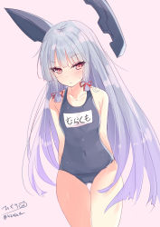 Rule 34 | absurdres, aqua hair, blue one-piece swimsuit, breasts, covered navel, gluteal fold, gradient background, hair ribbon, headgear, highres, hizaka, kantai collection, long hair, murakumo (kancolle), name tag, one-piece swimsuit, orange eyes, pink background, ribbon, school swimsuit, short eyebrows, signature, small breasts, swimsuit, tress ribbon, twitter username, white hair
