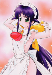 Rule 34 | 1girl, andou mahoro, apron, armpits, arms up, artist name, ascot, blush, bow, breasts, brooch, collar, covered erect nipples, cowboy shot, detached collar, ditama bow, frilled apron, frills, from side, gradient background, green eyes, hair bow, hairdressing, highres, jewelry, long hair, looking at viewer, mahoromatic, maid, maid apron, maid headdress, naked apron, no bra, no panties, official art, orange background, outline, parted lips, ponytail, purple hair, scan, sideboob, sidelocks, small breasts, solo, standing, two side up, very long hair, wrist cuffs