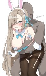 Rule 34 | 1boy, 1girl, absurdres, animal ears, artist name, asuna (blue archive), asuna (bunny) (blue archive), bare shoulders, biting, black pantyhose, blue archive, blue bow, blue bowtie, blue eyes, blue leotard, blue ribbon, blush, bow, bowtie, breasts, breasts out, brown pantyhose, censored, censored nipples, cowboy shot, cum, dark-skinned male, dark skin, detached collar, ejaculation, eliteneet, fake animal ears, frown, gloves, grabbing, grabbing another&#039;s breast, hair over one eye, hair ribbon, half-closed eyes, hetero, highres, hug, hug from behind, implied sex, large breasts, leotard, light brown hair, long hair, looking to the side, pantyhose, parted bangs, playboy bunny, rabbit ears, ribbon, sex, sex from behind, signature, simple background, standing, standing sex, strapless, strapless leotard, sweat, thigh grab, thighband pantyhose, torn clothes, torn legwear, traditional bowtie, very long hair, white background, white gloves