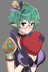 Rule 34 | 1girl, alternate breast size, bra, breasts, cleavage, curly hair, desspie, glasses, gloves, green hair, grey background, hat, heart, high collar, highres, jacket, large breasts, light bulb, nintendo, open clothes, open jacket, pandoria (xenoblade), pointy ears, round eyewear, short hair, simple background, smile, underwear, xenoblade chronicles (series), xenoblade chronicles 2, xenoblade chronicles (series), xenoblade chronicles 2