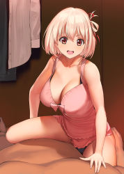 Rule 34 | 1boy, 1girl, a1 (initial-g), babydoll, bare shoulders, blonde hair, blush, bob cut, bow babydoll, breasts, cleavage, collarbone, frilled babydoll, girl on top, hair rings, indoors, large breasts, lingerie, lycoris recoil, lying, nishikigi chisato, on back, one side up, open mouth, pink babydoll, red eyes, red ribbon, ribbon, short hair, sitting, sitting on person, smile, solo focus, straddling, underwear, underwear only