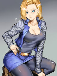 Rule 34 | 1girl, android 18, belt, belt buckle, blonde hair, blue eyes, blue skirt, breasts, brown footwear, buckle, character name, cleavage, denim, denim jacket, denim skirt, dragon ball, dragonball z, earrings, gradient background, grey background, highres, jacket, jewelry, kumiko shiba, looking at viewer, medium breasts, panties, pantyhose, parted lips, revision, shirt, shoes, short hair, skirt, smile, solo, squatting, striped clothes, striped shirt, thighs, underwear