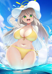 Rule 34 | 1girl, :d, arm behind back, bikini, blue archive, blue sky, blush, bracelet, breasts, cleavage, cloud, cloudy sky, flower, front-tie bikini top, front-tie top, green eyes, hat, hat flower, hat ribbon, highres, innertube, jacket, jewelry, kanmuri (kannmuri0227), large breasts, light brown hair, navel, nonomi (blue archive), nonomi (swimsuit) (blue archive), official alternate costume, open mouth, outdoors, palm tree, partially submerged, ribbon, see-through, see-through jacket, sky, smile, sun hat, swept bangs, swim ring, swimsuit, tree, water, yellow bikini