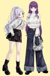 Rule 34 | 2girls, arm under breasts, bag, bell-bottoms, belt, black bag, black belt, black footwear, black skirt, blunt bangs, boots, breasts, commentary request, denim, elf, fern (sousou no frieren), frieren, full body, green eyes, grey bag, hand on own chin, handbag, high ponytail, highres, holding, holding bag, holding own arm, jeans, large breasts, leather skirt, long hair, long sleeves, looking at another, looking at viewer, midriff, midriff peek, miniskirt, multiple girls, navel, omichi 1219, pants, platform boots, platform footwear, pointy ears, purple eyes, purple hair, shoulder bag, simple background, skirt, small breasts, sousou no frieren, standing, straight hair, sweat, sweater, white hair, white sweater, wide sleeves, yellow background, zipper