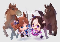 Rule 34 | 2girls, animal, animal ears, blue eyes, bow, brown hair, chibi, commentary request, ear ribbon, grass wonder (racehorse), grass wonder (umamusume), grey background, horse, horse ears, horse girl, horse tail, long hair, looking at another, multicolored hair, multiple girls, n:go, open mouth, purple eyes, ribbon, rivalry, running, short hair, simple background, special week (racehorse), special week (umamusume), streaked hair, tail, umamusume, white hair