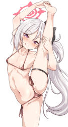 Rule 34 | 1girl, absurdres, bikini, blue archive, breasts, flower, hair flower, hair ornament, halo, highres, long hair, machismo fuji, micro bikini, mutsuki (blue archive), purple eyes, side ponytail, simple background, small breasts, smile, solo, split, swimsuit, tongue, tongue out, white background, white hair