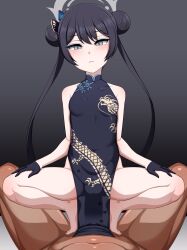 Rule 34 | 1boy, 1girl, bare shoulders, barefoot, black dress, black gloves, black hair, blue archive, blue eyes, blush, breasts, china dress, chinese clothes, coco ankou, covered navel, cowgirl position, double bun, dragon print, dress, gloves, hair bun, hair ornament, halo, hetero, highres, kisaki (blue archive), long hair, navel, pelvic curtain, pov, sex, sleeveless, sleeveless dress, small breasts, squatting, straddling, tiptoes, twintails