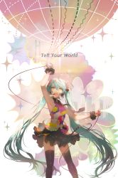 Rule 34 | 1girl, absurdres, aircraft, airplane, aqua eyes, aqua hair, arm up, armpits, bare shoulders, belt, bridge, building, cable, cityscape, colorful, commentary, feet out of frame, fores, globe, hair ornament, hatsune miku, headset, highres, holding, holding cable, holding microphone, long hair, looking up, microphone, mountain, multicolored shirt, necktie, ocean, open mouth, saihate (d3), scrunchie, skirt, sky, skyscraper, solo, sparkle, star (sky), starry sky, sun, sunset, tell your world (vocaloid), thighhighs, twintails, very long hair, vocaloid, wrist scrunchie