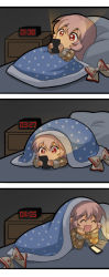 Rule 34 | 1girl, 3koma, :d, ^ ^, alarm clock, bed, blanket, bow, cellphone, clock, closed eyes, comic, commentary request, digital clock, fujiwara no mokou, hair between eyes, holding, holding phone, indoors, jokanhiyou, long hair, long sleeves, lying, on back, on stomach, open mouth, pajamas, phone, pillow, pink hair, red eyes, smartphone, smile, touhou, under covers, white bow