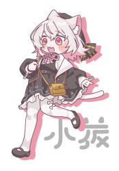 Rule 34 | 1girl, animal ears, bag, belt, beret, black belt, black dress, black footwear, black hat, black jacket, blush, bow legwear, cat ears, cat girl, cat tail, character name, colored inner hair, dress, drop shadow, fang, floating hair, full body, hat, highres, holding strap, jacket, kotudui7, long sleeves, looking ahead, mary janes, medium hair, multicolored hair, neck ribbon, off shoulder, open clothes, open jacket, open mouth, pantyhose, pinafore dress, pink eyes, pink hair, pink ribbon, puffy long sleeves, puffy sleeves, ribbon, sayo (voicevox), shirt, shoes, shoulder bag, simple background, skin fang, sleeve cuffs, sleeveless, sleeveless dress, smile, solo, standing, standing on one leg, tail, voicevox, white background, white hair, white pantyhose, white shirt