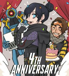 Rule 34 | 1girl, 2boys, animification, anniversary, apex legends, black bodysuit, black hair, black scarf, blue eyes, bodysuit, bright pupils, brown eyes, brown hair, cake, candle, checkered clothes, checkered scarf, commentary, confetti, eating, english commentary, facial hair, fire, food, fork, from side, green scarf, hair bun, highres, holding, holding cake, holding food, holding fork, holding sign, looking at viewer, mirage (apex legends), multiple boys, non-humanoid robot, one-eyed, ookamiya818, pathfinder (apex legends), red eyes, robot, scar, scar across eye, scarf, sign, single hair bun, smile, stubble, white pupils, wraith (apex legends), yellow bodysuit