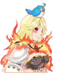 Rule 34 | 1girl, animal, animal on head, armor, bird, bird on head, blonde hair, bluebird, blush, breasts, cleavage, closed mouth, commentary request, filir (ragnarok online), fire, genetic (ragnarok online), highres, large breasts, long hair, looking at viewer, looking to the side, love morocc, midriff, on head, orange outline, pauldrons, ragnarok online, shoulder armor, simple background, smile, upper body, white background