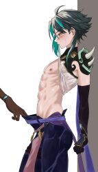 Rule 34 | 2boys, abs, aether (genshin impact), black gloves, black hair, blush, clothes lift, didin ed, genshin impact, gloves, green hair, highres, jewelry, male focus, mouth hold, multicolored hair, multiple boys, muscular, muscular male, nipples, pulling another&#039;s clothes, shirt lift, spikes, xiao (genshin impact), yaoi, yellow eyes