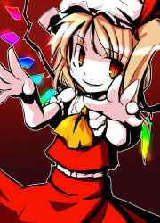 Rule 34 | 1girl, ascot, blonde hair, cowboy shot, crystal, demon wings, dress, evil smile, female focus, flandre scarlet, hat, looking at viewer, mob cap, neki-t, outstretched arms, parted lips, puffy short sleeves, puffy sleeves, red dress, red eyes, shaded face, short sleeves, smile, solo, touhou, wings, wrist cuffs