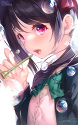 Rule 34 | 1girl, black hair, blush, bubble, buttons, commentary request, eyelashes, fingernails, from side, green necktie, hand up, highres, holding, hozumi kaoru, jacket, looking to the side, love live!, necktie, open clothes, open jacket, open mouth, pink vest, purple eyes, shirt, solo, teeth, tongue, twintails, uniform, upper body, upper teeth only, vest, white background, white shirt, yazawa nico