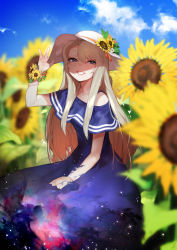 Rule 34 | 1girl, absurdres, bad id, bad pixiv id, bare shoulders, blonde hair, blue eyes, blue sky, cloud, day, dress, flower, grin, hat, herme (ohisashiburi), highres, long hair, looking at viewer, ohisashiburi, original, outdoors, sky, smile, solo, space print, starry sky print, sun hat, sunflower