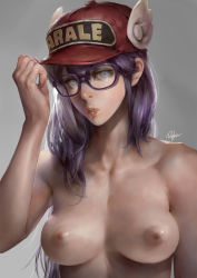 Rule 34 | 1girl, aged up, alternate form, baseball cap, blue eyes, breasts, breasts apart, character name, clothes writing, collarbone, dr. slump, glasses, grey background, hand on headwear, hand up, hat, highres, lips, lipstick, long hair, looking at viewer, makeup, medium breasts, nipples, norimaki arale, nose, nude, parted lips, pink lips, puppeteer lee, purple-framed eyewear, purple hair, realistic, red hat, round eyewear, signature, solo, upper body, winged hat, wings