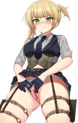 Rule 34 | 1girl, black vest, blonde hair, blush, braid, breasts, censored, clothes lift, commission, corset, french braid, girls&#039; frontline, gloves, green eyes, half gloves, highres, holster, medium breasts, mosaic censoring, ndgd, pinstripe pattern, pinstripe vest, pixiv commission, pussy, short hair, skindentation, skirt, skirt lift, sleeves rolled up, solo, striped clothes, striped vest, thigh holster, thighs, vertical-striped clothes, vertical-striped vest, vest, welrod mkii (girls&#039; frontline)