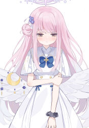 Rule 34 | 1girl, angel wings, black footwear, blue archive, blue bow, blue bowtie, blush, bow, bowtie, capelet, cram960, dress, frilled dress, frills, hair bun, hair ornament, hair scrunchie, halo, highres, long hair, looking at viewer, low wings, mika (blue archive), pantyhose, pink hair, scrunchie, simple background, single hair bun, smile, solo, white capelet, white dress, white pantyhose, white scrunchie, white wings, wing ornament, wings, wrist scrunchie, yellow eyes