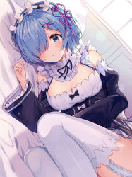Rule 34 | 1girl, absurdres, apron, bare shoulders, bed sheet, black bow, black dress, black ribbon, black sleeves, blue eyes, blue hair, blush, bow, breasts, cleavage, commentary request, day, detached sleeves, dress, dutch angle, frilled apron, frills, garter straps, hair ornament, hair over one eye, hair ribbon, hairclip, hand up, highres, indoors, juliet sleeves, long sleeves, looking at viewer, lying, medium breasts, neck ribbon, on side, parted lips, pillow, puffy sleeves, purple ribbon, racchi., re:zero kara hajimeru isekai seikatsu, rem (re:zero), ribbon, short hair, solo, sunlight, thighhighs, waist apron, white apron, white bow, white thighhighs, wide sleeves, window, x hair ornament