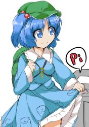 Rule 34 | 1girl, backpack, bag, blouse, blue eyes, blue hair, blue shirt, blue skirt, c:, colorized, cowboy shot, eyes visible through hair, fare gate, fun bo, hair bobbles, hair ornament, hat, kawashiro nitori, key, long sleeves, looking to the side, matching hair/eyes, pocket, shirt, simple background, sketch, skirt, skirt hold, skirt set, smile, solo, sound effects, touhou, two side up, white background, wing collar