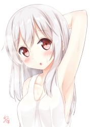 Rule 34 | 1girl, :o, arm behind head, armpits, bad id, bad pixiv id, blush, breasts, cleavage, collarbone, commentary request, hair between eyes, highres, karutamo, long hair, no bra, original, portrait, red eyes, shirt, sideboob, signature, simple background, small breasts, solo, tank top, tisshu (karutamo), wet, white background, white hair, white shirt