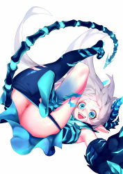 Rule 34 | + +, 1girl, 3eye, :d, anus, ass, asymmetrical clothes, blue eyes, clothes pull, elsword, highres, horns, long hair, looking at viewer, luciela r. sourcream, open mouth, pants, pants pull, pointy ears, short eyebrows, single pantsleg, smile, solo, symbol-shaped pupils, tail, upside-down, white background, white hair