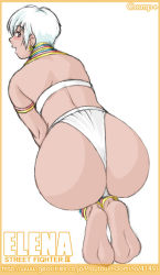 Rule 34 | 1girl, anklet, artist name, ass, barefoot, bikini, blush, border, brown eyes, capcom, champ+, character name, copyright name, earrings, elena (street fighter), feet, from behind, huge ass, jewelry, looking at viewer, looking back, neck ring, simple background, smile, soles, solo, street fighter, street fighter iii (series), swimsuit, watermark, web address, white background, white bikini, white hair, yellow border