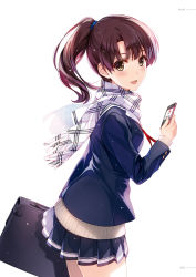 Rule 34 | 1girl, :d, bag, blue jacket, blue skirt, blush, brown hair, cellphone, cowboy shot, from side, hair between eyes, highres, holding, holding bag, holding phone, jacket, katou megumi, long hair, long sleeves, looking at viewer, miniskirt, misaki kurehito, neck ribbon, official art, open mouth, page number, phone, pleated skirt, red ribbon, ribbon, saenai heroine no sodatekata, scarf, school bag, simple background, skirt, smartphone, smile, solo, standing, white background, white scarf, yellow eyes