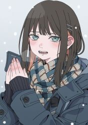 Rule 34 | 1girl, black sweater, blush, breath, brown hair, commentary, fangs, fingernails, green eyes, grey background, hair behind ear, hair ornament, hairpin, haku geroda, hands up, hood, hooded jacket, jacket, long sleeves, looking at viewer, medium hair, multicolored hair, multiple hairpins, nail polish, nose blush, open mouth, orange hair, original, own hands together, plaid, plaid scarf, scar, scarf, sidelocks, simple background, snow, solo, sweater, swept bangs, teeth, tongue, two-tone hair, upper body