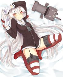 Rule 34 | 10s, 1girl, absurdres, amatsukaze (kancolle), arms up, bad id, bad pixiv id, bed sheet, black panties, blush, breasts, brown dress, dress, full body, garter straps, gloves, hair tubes, highres, kantai collection, light smile, long hair, looking at viewer, lying, machinery, on back, orange eyes, panties, red thighhighs, rensouhou-kun, rudestewing, sailor dress, short dress, silver hair, small breasts, solo, striped clothes, striped thighhighs, thighhighs, turret, two side up, underwear, white gloves