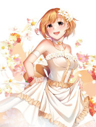 Rule 34 | 1girl, :d, aiba yumi, arm strap, blonde hair, breasts, brown eyes, casino (casinoep), choker, clematis (flower), collarbone, dress, flower, frilled dress, frills, hair flower, hair ornament, idolmaster, idolmaster cinderella girls, jewelry, medium breasts, necklace, open mouth, red flower, ribbon, short hair, skirt hold, sleeveless, sleeveless dress, smile, solo, standing, white background, white dress, white flower, white ribbon, wrist flower