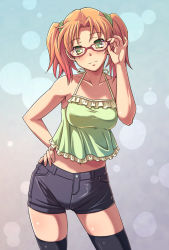 Rule 34 | 1girl, camisole, e20, glasses, green eyes, hand on own hip, hip focus, looking at viewer, midriff, nakano minori, orange hair, original, shorts, solo, thighhighs, twintails