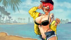 Rule 34 | 1girl, arm tattoo, baseball cap, beach, bikini, bird, breasts, commentary, commission, denim, denim shorts, elly (vtuber), english commentary, green eyes, hat, heart, highres, indie virtual youtuber, jacket, large breasts, navel, outdoors, palm tree, red hair, sand, short hair, short shorts, shorts, skeb commission, solo, sunglasses, swimsuit, tattoo, tongue, tongue out, tree, uyuyuun, virtual youtuber