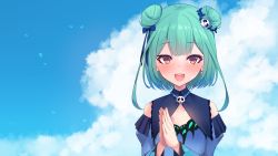 Rule 34 | :d, blue bow, blue dress, blue sky, blue sleeves, blush, bow, clapping, cloud, cloudy sky, detached sleeves, double bun, dress, green hair, hair bow, hair bun, hair ornament, hands up, highres, hololive, juliet sleeves, long sleeves, looking at viewer, meme, neon genesis evangelion, omedetou! (meme), open mouth, own hands together, parody, puffy sleeves, red eyes, skull hair ornament, sky, sleeveless, sleeveless dress, smile, solo, teeth, upper body, upper teeth only, uruha rushia, uruha rushia (1st costume), virtual youtuber, yoshiheihe