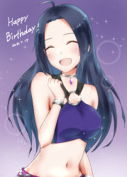 Rule 34 | 1girl, 2018, :d, ahoge, black hair, choker, closed eyes, crop top, gem, gradient background, happy birthday, highres, idolmaster, idolmaster (classic), long hair, midriff, miura azusa, mogskg, navel, o-ring, open mouth, purple background, sleeveless, smile, solo, stomach, upper body