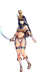 Rule 34 | 1girl, armor, blue eyes, blue hair, breastplate, breasts, crown, egyptian, egyptian clothes, eyebrows, feet, full body, groin, holding, hores (sennen sensou aigis), large breasts, legs, long hair, looking at viewer, matching hair/eyes, midriff, navel, parted lips, sandals, sennen sensou aigis, smile, solo, standing, sword, thighs, toes, transparent background, uchiu kazuma, weapon, white background
