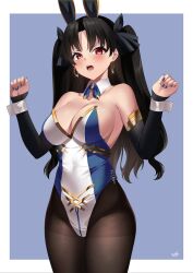 Rule 34 | 1girl, bare shoulders, black bow, black hair, black pantyhose, blue bow, blush, bow, breasts, cleavage, collarbone, covered navel, detached collar, detached sleeves, earrings, fate/grand order, fate (series), hair bow, highres, hoop earrings, ishtar (fate), jewelry, kurozawa yui, large breasts, legs together, leotard, long hair, looking at viewer, nail polish, open mouth, pantyhose, playboy bunny, red eyes, signature, solo, strapless, strapless leotard, twintails