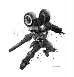 Rule 34 | absurdres, artist name, babyj0, floating, gun, highres, holding, holding gun, holding weapon, kikou souseiki mospeada, looking at viewer, mecha, monochrome, mospeada, mospeada (mecha), no humans, open hand, robot, science fiction, solo, weapon, white background