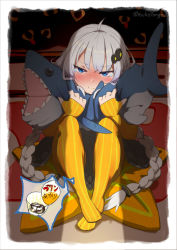 Rule 34 | 1girl, ahoge, black dress, blue eyes, blush, braid, commentary, cushion, dress, food, gloves, grey hair, hair ornament, highres, holding, holding stuffed toy, hugging object, kizuna akari, long hair, looking at viewer, no shoes, orange gloves, orange pantyhose, pantyhose, pout, pudding, sitting, solo, spoken food, squeezing, striped clothes, striped gloves, striped legwear, striped pantyhose, stuffed animal, stuffed shark, stuffed toy, tearing up, tears, twin braids, vertical-striped clothes, vertical-striped pantyhose, very long hair, vocaloid, voiceroid, youkoyongou