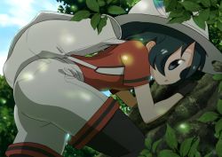 Rule 34 | 10s, 1girl, ass, backpack, bag, black eyes, black hair, climbing, feathers, gloves, hat, hat feather, highres, kaban (kemono friends), kemono friends, leaves, looking at viewer, pantyhose, sat-c, shirt, shorts, tree