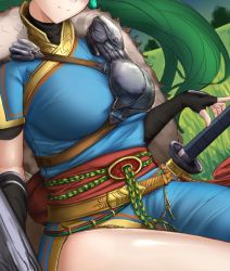 Rule 34 | 1girl, armor, breasts, dutch angle, earrings, elbow gloves, field, fire emblem, fire emblem: the blazing blade, fire emblem heroes, gloves, grass, green hair, head out of frame, head tilt, ippers, jewelry, large breasts, long hair, lyn (fire emblem), nintendo, ponytail, shoulder armor, side slit, smile, solo, sword, thighs, tree, very long hair, weapon